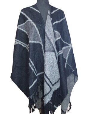 Shana K, Black and Gray Plaid Fringe Poncho Wrap Sweater
